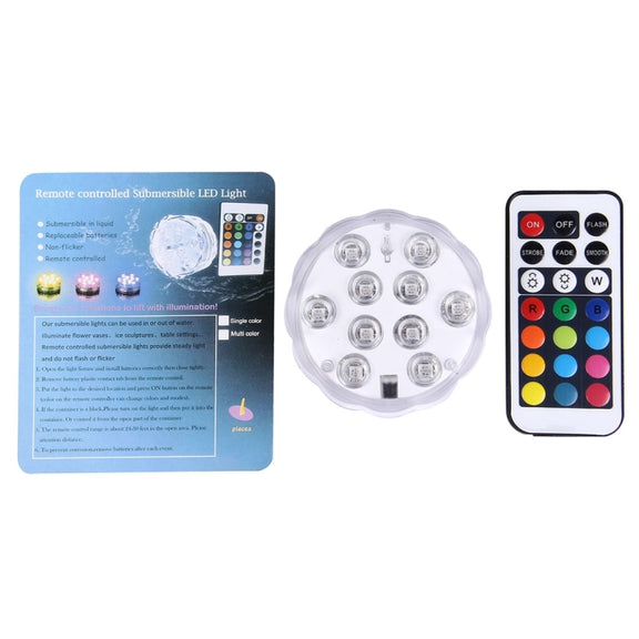 Water-resistant Submersible LED Light, 10 LEDs Cylinder Remote Controlled with Remote Controllor, Remote Control Range(in Open Area): 24-30 Feet