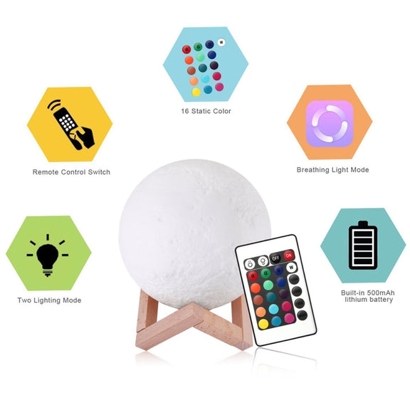 YouOKLight YK2302 15cm Touch Control 3D Print Moon Lamp, USB Charging 16-Color Dimming LED Night Light with Remote Control & Wooden Holder