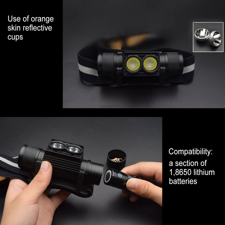 D25 10W 2 x XML-2 IPX6 Water-resistant Headband Light, 2400 LM USB Charging Adjustable Outdoor LED Headlight
