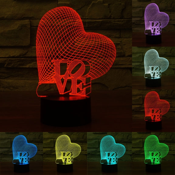 Heart and LOVE Style 3D Touch Switch Control LED Light, 7 Colour Discoloration Creative Visual Stereo Lamp Desk Lamp Night Light
