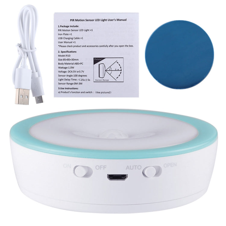 R10 USB Charging LED PIR Sensor Night Light , 4000K Emergency Light Cabinet Lamp, Sensor Distance: about 3m, DC 4.5V(Blue)