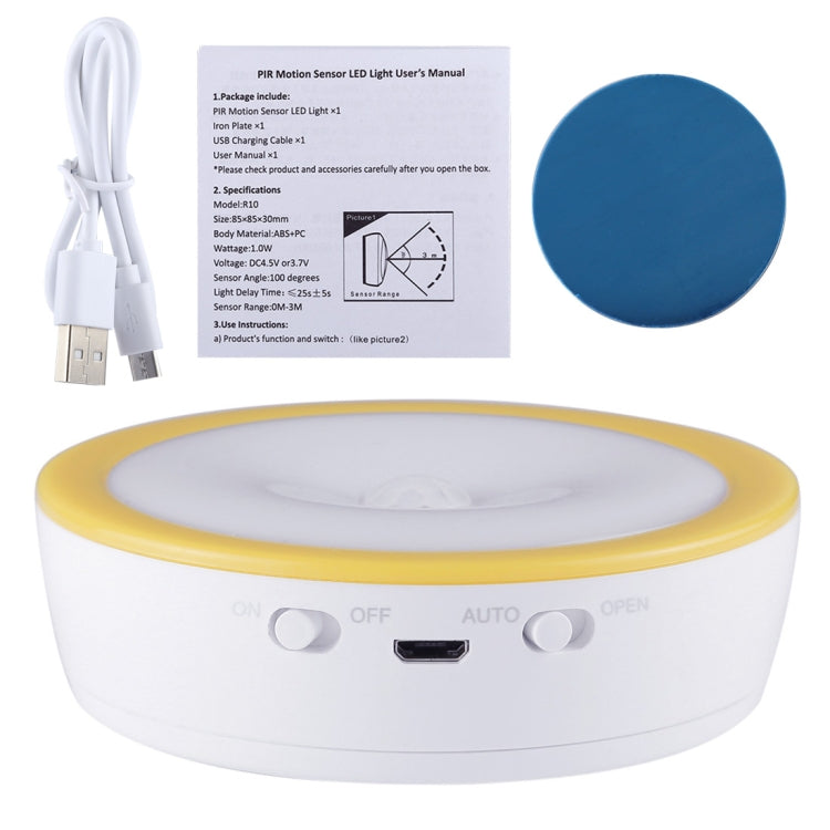 R10 USB Charging LED PIR Sensor Night Light , 4000K Emergency Light Cabinet Lamp, Sensor Distance: about 3m, DC 4.5V(Yellow)