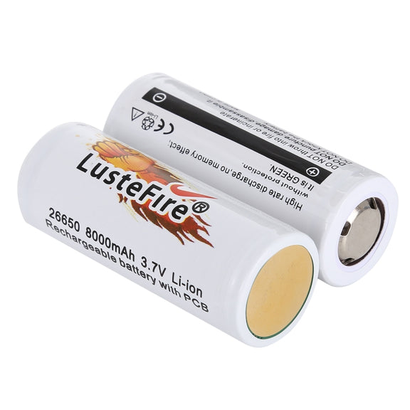 LusteFire 2 PCS 8000mAh 3.7V 26650 Lithium Rechargeable Battery with PCB
