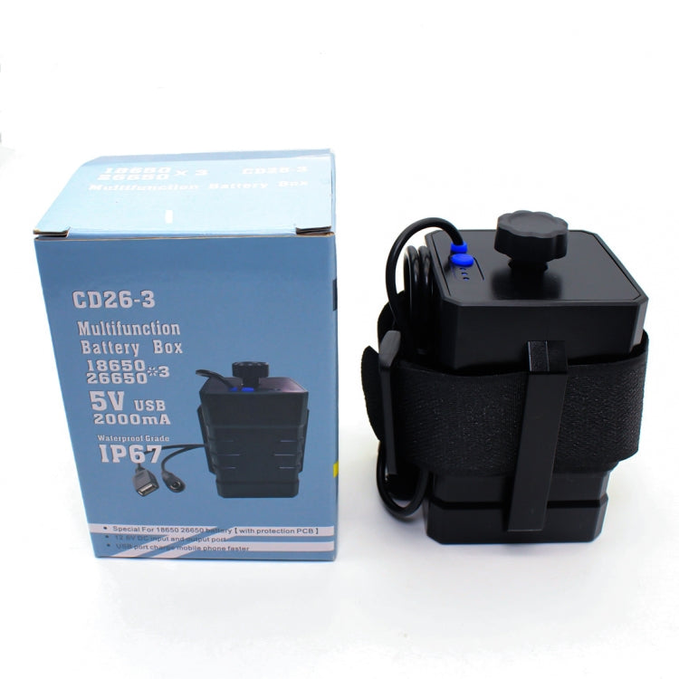 3 Sections 18650/26650 IPX7 Water-resistant Battery Box with 16.8v Round Head & 5v USB Connector Output Voltage Does Not Include Battery(Black)