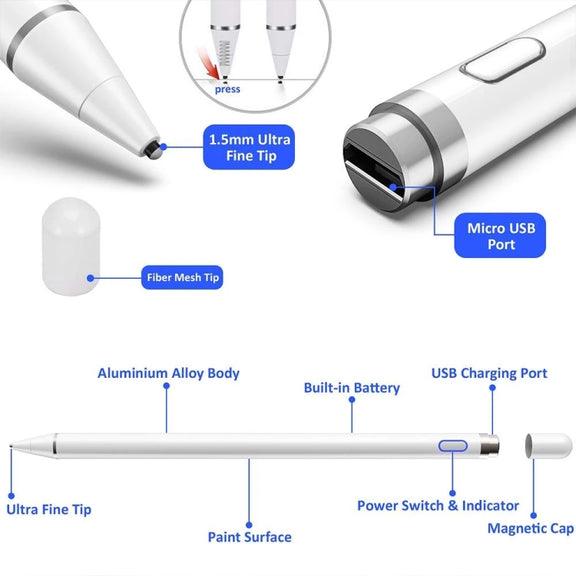 Pencil Universal Rechargeable Active Capacitive Stylus Pen with Magnetic Cap(White)