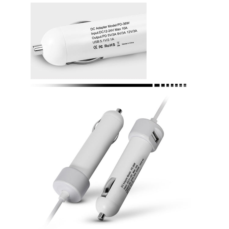 36W 5V 9V 12V 15V 3A DC USB-C / Type-C Car Adapter with 1 USB Port for Apple Macbook A1534, Length: 2m(White)