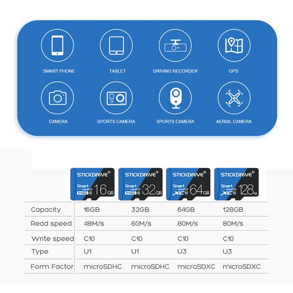 STICKDRIVE 128GB High Speed U3 Blue and Black TF(Micro SD) Memory Card