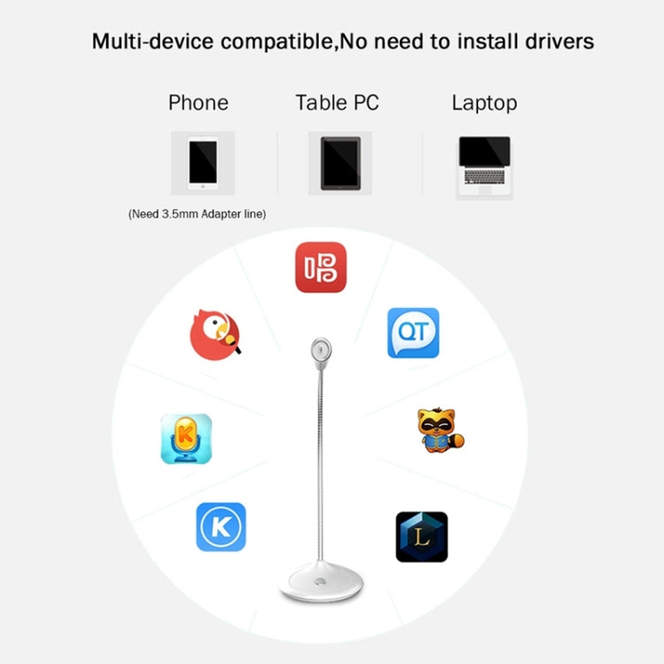 BK Desktop Gooseneck Adjustable USB Wired Audio Microphone, Built-in Sound Card, Compatible with PC / Mac for Live Broadcast, Show, KTV, etc.(White)