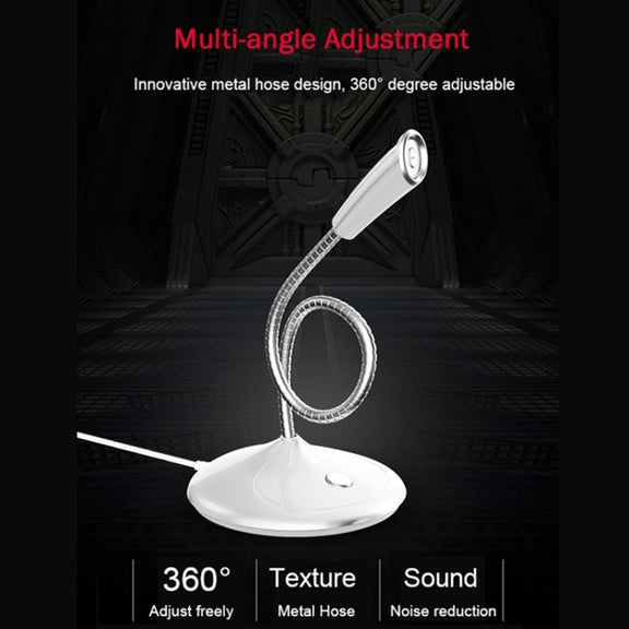 BK Desktop Gooseneck Adjustable USB Wired Audio Microphone, Built-in Sound Card, Compatible with PC / Mac for Live Broadcast, Show, KTV, etc.(White)