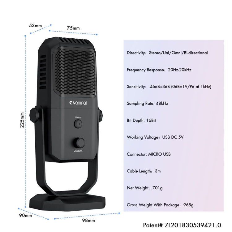 Yanmai SF-900 Multi-function Four Directivity Studio Recording Condenser Microphone with Desktop Stand(Black)