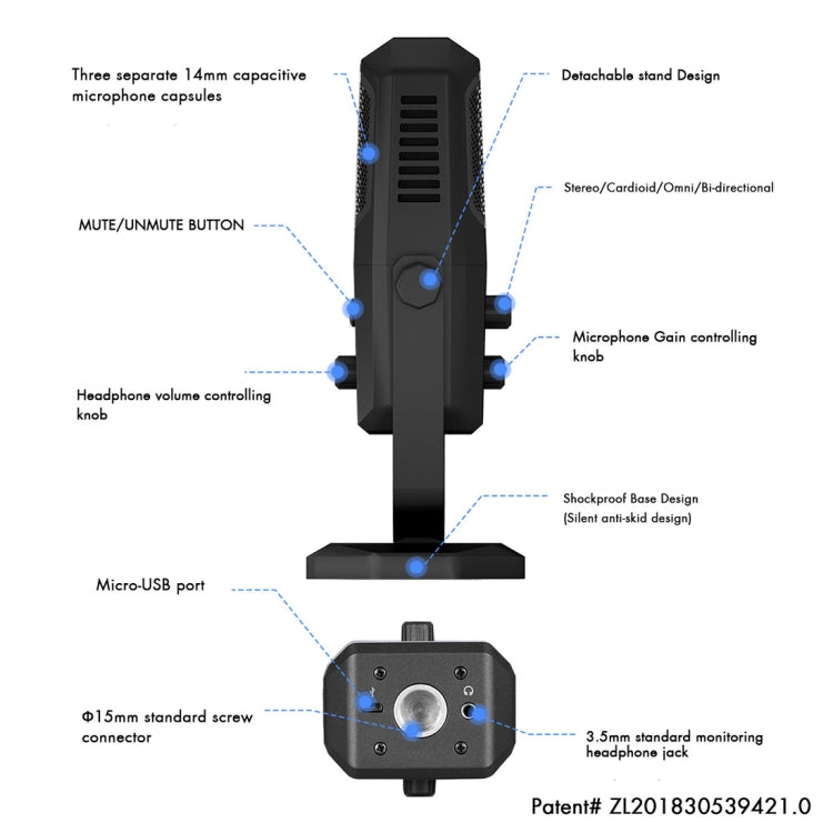 Yanmai SF-900 Multi-function Four Directivity Studio Recording Condenser Microphone with Desktop Stand(Black)