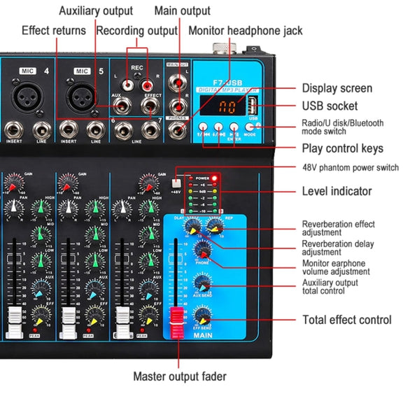 F7 Home 7-channel Bluetooth USB Reverb Mixer, US Plug(Black)