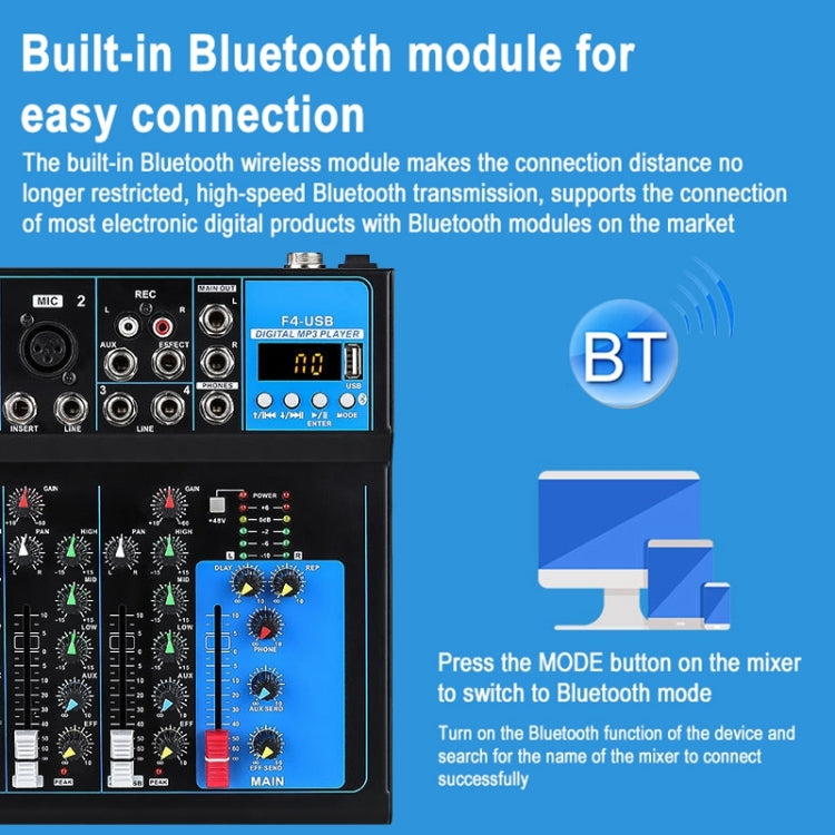F4 Home 4-channel Bluetooth USB Reverb Mixer, US Plug (Black)