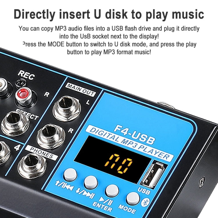 F4 Home 4-channel Bluetooth USB Reverb Mixer, US Plug (Black)