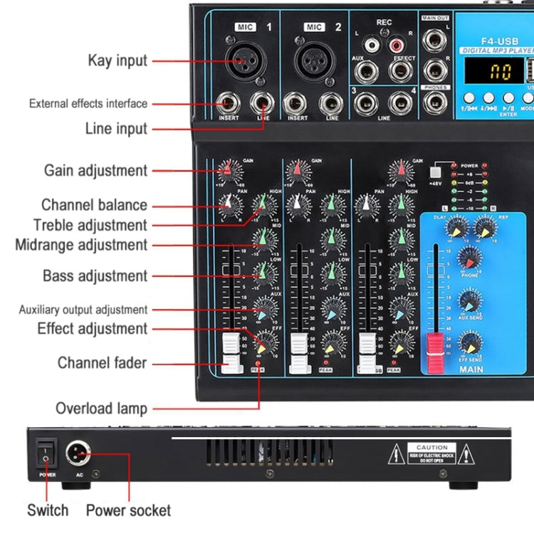 F4 Home 4-channel Bluetooth USB Reverb Mixer, US Plug (Black)