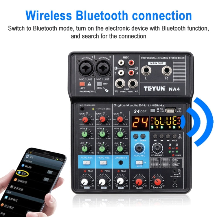 TEYUN NA4 4-channel Small Mixing Console Mobile Phone Sound Card Live Broadcast Computer Recording Console Processor, US Plug(Black)