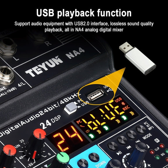 TEYUN NA4 4-channel Small Mixing Console Mobile Phone Sound Card Live Broadcast Computer Recording Console Processor, US Plug(Black)