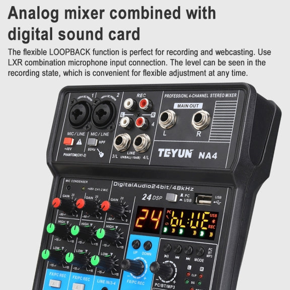 TEYUN NA4 4-channel Small Mixing Console Mobile Phone Sound Card Live Broadcast Computer Recording Console Processor, US Plug(Black)