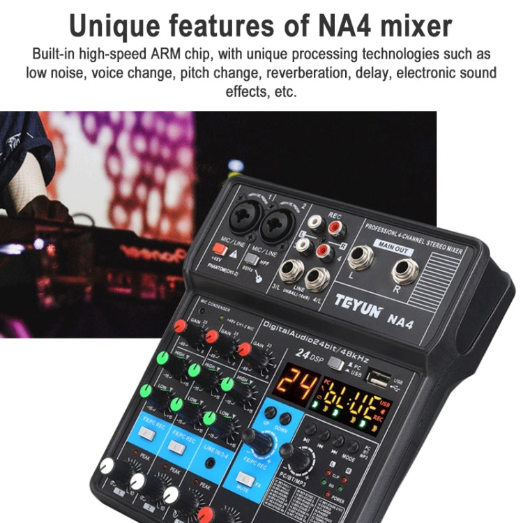 TEYUN NA4 4-channel Small Mixing Console Mobile Phone Sound Card Live Broadcast Computer Recording Console Processor, EU Plug(Black)