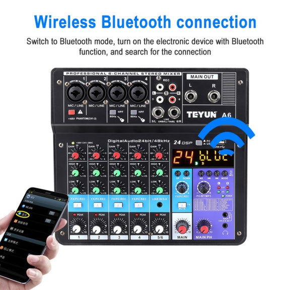 TEYUN NA6 6-channel Small Mixing Console Mobile Phone Sound Card Live Broadcast Computer Recording Console Processor, EU Plug(Black)