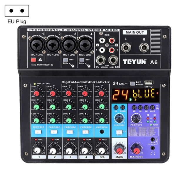 TEYUN NA6 6-channel Small Mixing Console Mobile Phone Sound Card Live Broadcast Computer Recording Console Processor, EU Plug(Black)