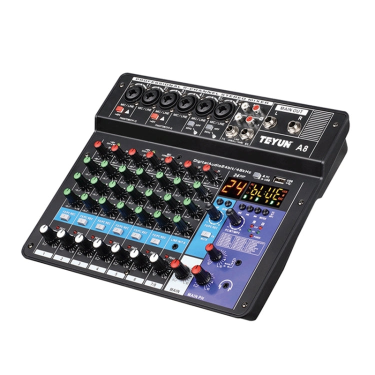 TEYUN NA8 8-channel Small Mixing Console Mobile Phone Sound Card Live Broadcast Computer Recording Console Processor, EU Plug(Black)