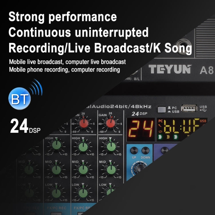 TEYUN NA8 8-channel Small Mixing Console Mobile Phone Sound Card Live Broadcast Computer Recording Console Processor, EU Plug(Black)
