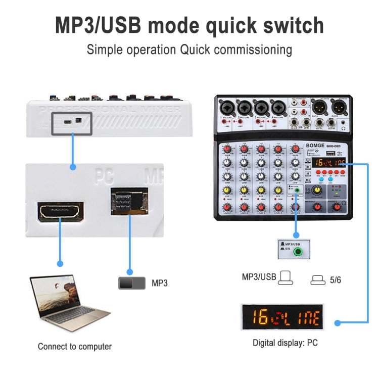BMG-06D 6-channel Live Mixer Mobile Phone Bluetooth Sound Card Digital 16DSP Reverb Effect, EU Plug(White)