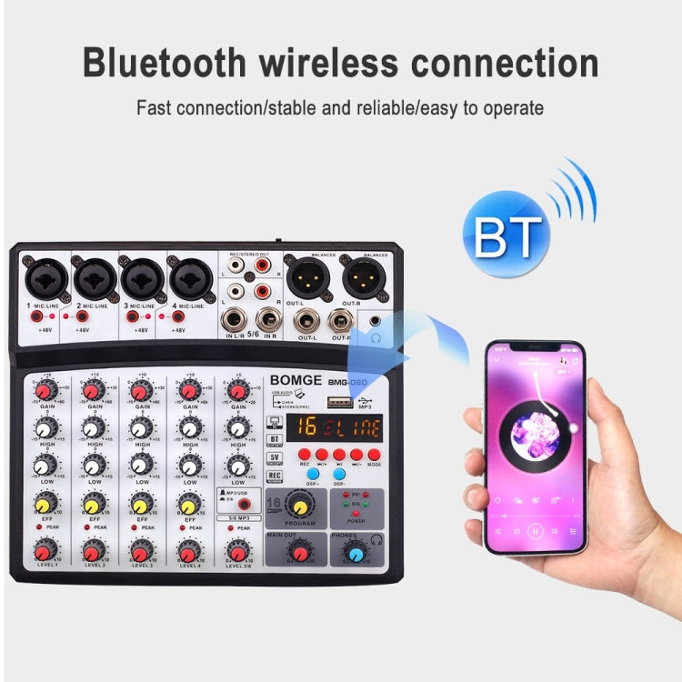 BMG-06D 6-channel Live Mixer Mobile Phone Bluetooth Sound Card Digital 16DSP Reverb Effect, EU Plug(White)