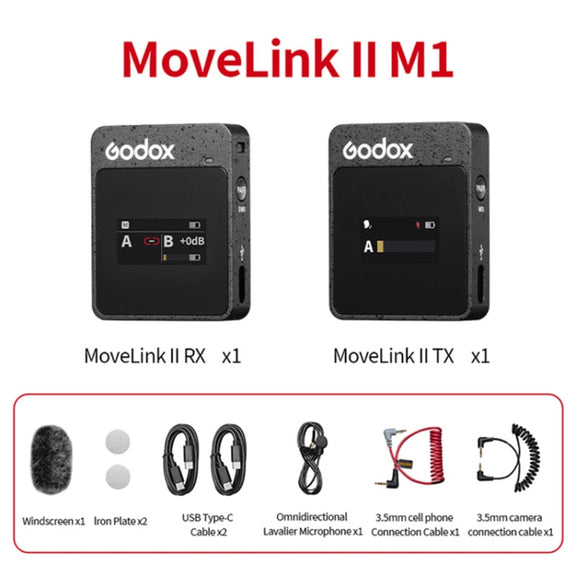 Godox MoveLink II M1 Wireless Lavalier Microphone System with Transmitters and Receiver for DSLR Cameras and Camcorders (Black)