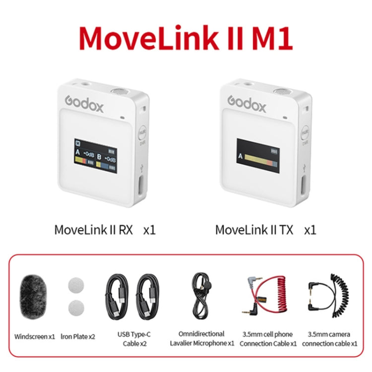 Godox MoveLink II M1 Wireless Lavalier Microphone System with Transmitters and Receiver for DSLR Cameras and Camcorders (White)