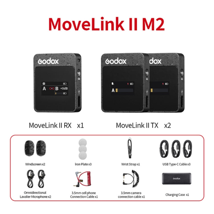 Godox MoveLink II M2 Wireless Lavalier Microphone System with 2 Transmitters and 1 Receiver for DSLR Cameras and Camcorders (Black)
