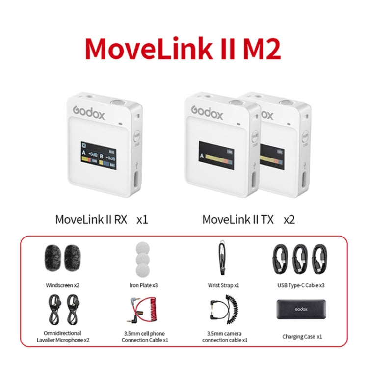 Godox MoveLink II M2 Wireless Lavalier Microphone System with 2 Transmitters and 1 Receiver for DSLR Cameras and Camcorders (White)