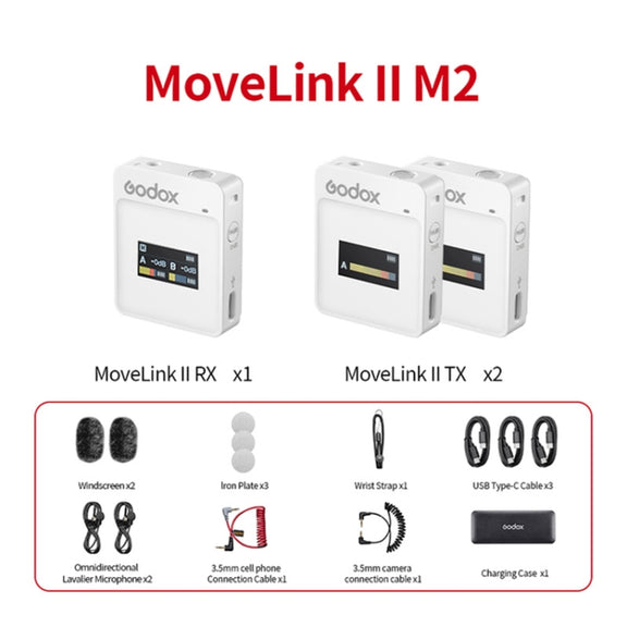 Godox MoveLink II M2 Wireless Lavalier Microphone System with 2 Transmitters and 1 Receiver for DSLR Cameras and Camcorders (White)