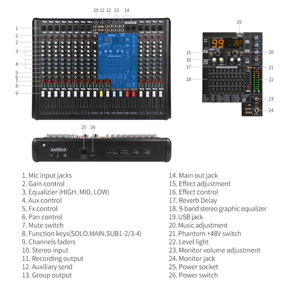 XTUGA B1404FX 14 Channels Bluetooth Audio Mixer Digital DJ Controller Sound Mixing Console (UK Plug)