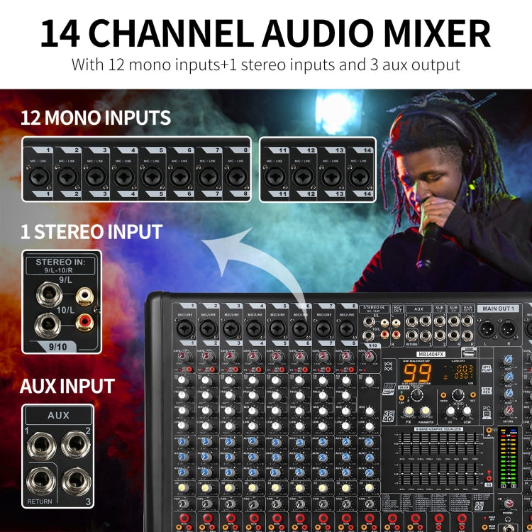 XTUGA B1404FX 14 Channels Bluetooth Audio Mixer Digital DJ Controller Sound Mixing Console (AU Plug)