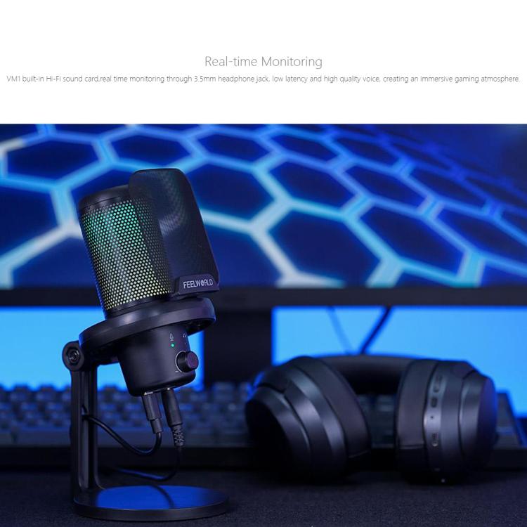 FEELWORLD VM1 USB Condenser Gaming Microphone for Streaming Noise Cancellation Mute RGB Light Desktop Stand (Black)