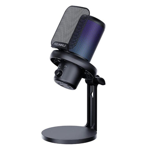 FEELWORLD VM1 USB Condenser Gaming Microphone for Streaming Noise Cancellation Mute RGB Light Desktop Stand (Black)