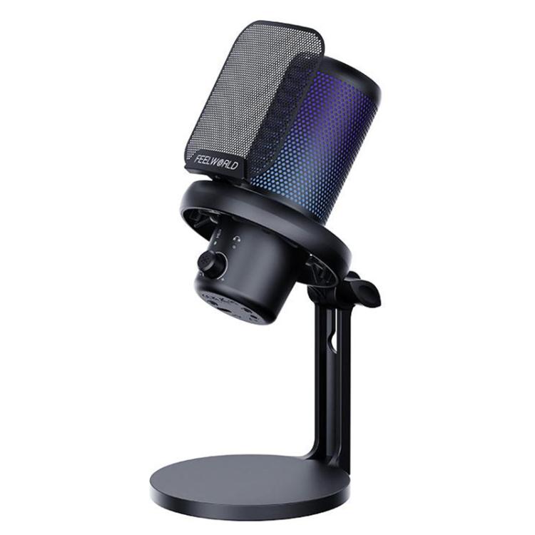 FEELWORLD VM1 USB Condenser Gaming Microphone for Streaming Noise Cancellation Mute RGB Light Desktop Stand (Black)