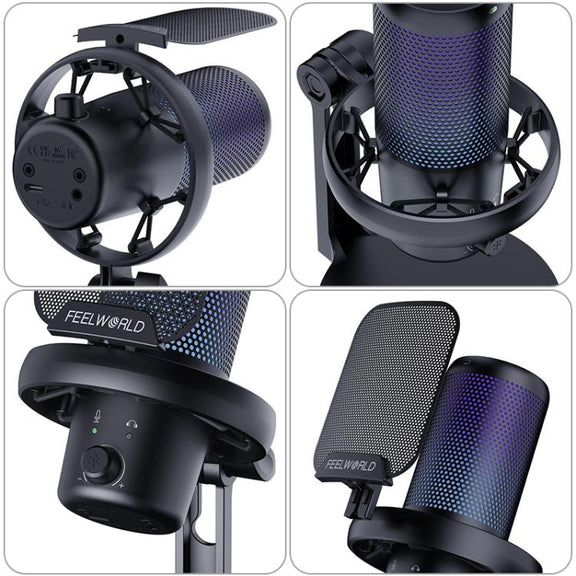 FEELWORLD VM1 USB Condenser Gaming Microphone for Streaming Noise Cancellation Mute RGB Light Desktop Stand (Black)