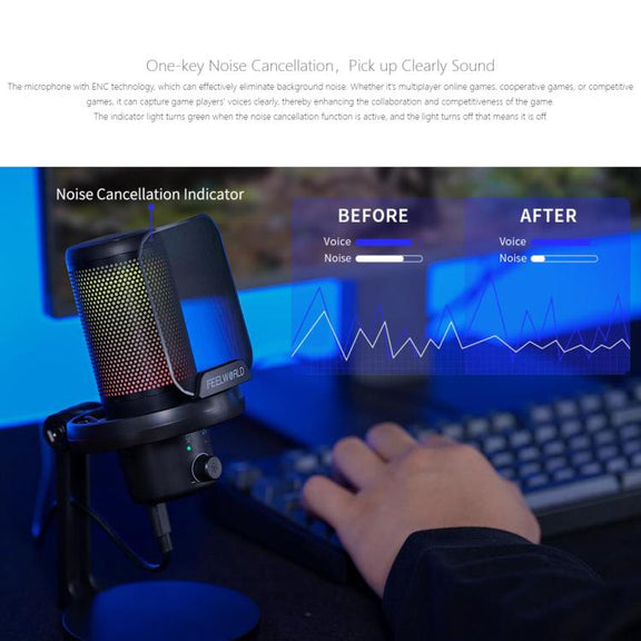 FEELWORLD VM1 USB Condenser Gaming Microphone for Streaming Noise Cancellation Mute RGB Light Desktop Stand (Black)