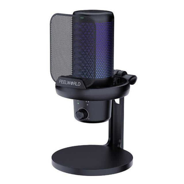 FEELWORLD VM1 USB Condenser Gaming Microphone for Streaming Noise Cancellation Mute RGB Light Desktop Stand (Black)