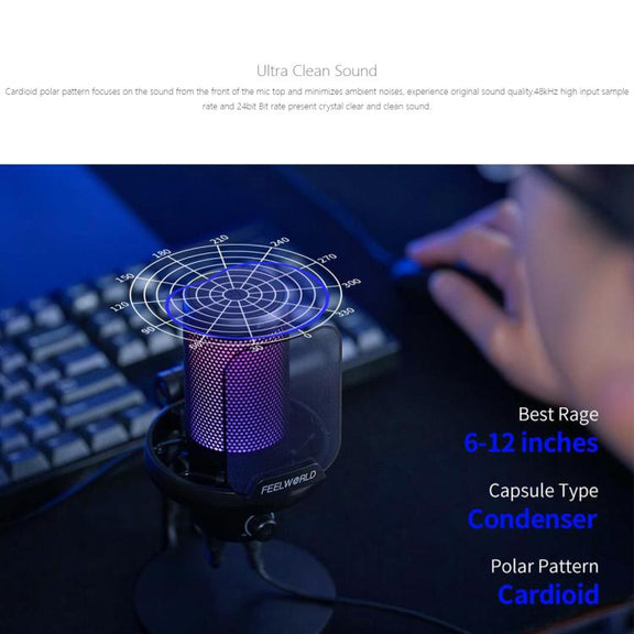 FEELWORLD VM1 USB Condenser Gaming Microphone for Streaming Noise Cancellation Mute RGB Light Desktop Stand (Black)