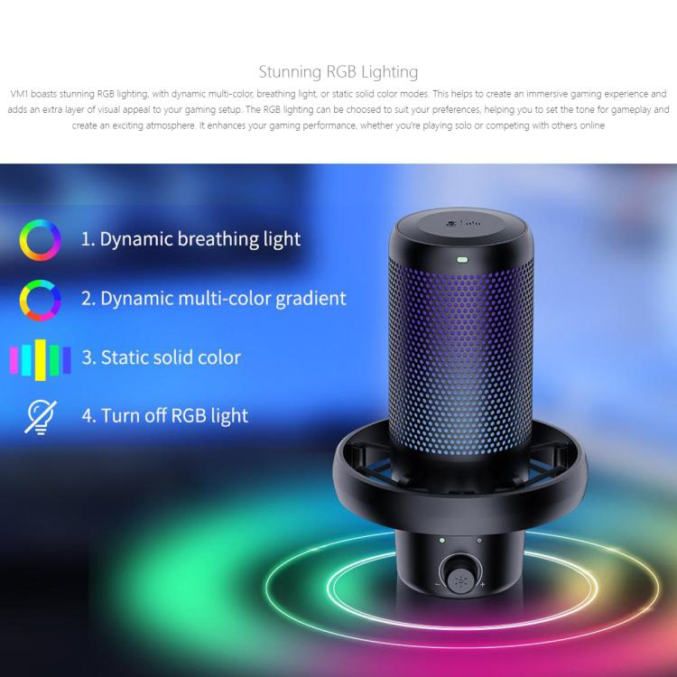 FEELWORLD VM1 USB Condenser Gaming Microphone for Streaming Noise Cancellation Mute RGB Light Desktop Stand (Black)