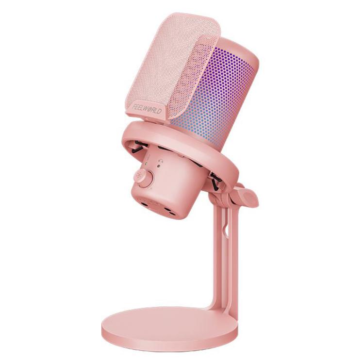 FEELWORLD VM1 USB Condenser Gaming Microphone for Streaming Noise Cancellation Mute RGB Light Desktop Stand (Pink)