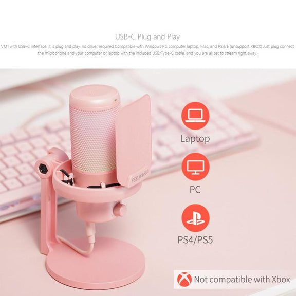 FEELWORLD VM1 USB Condenser Gaming Microphone for Streaming Noise Cancellation Mute RGB Light Desktop Stand (Pink)