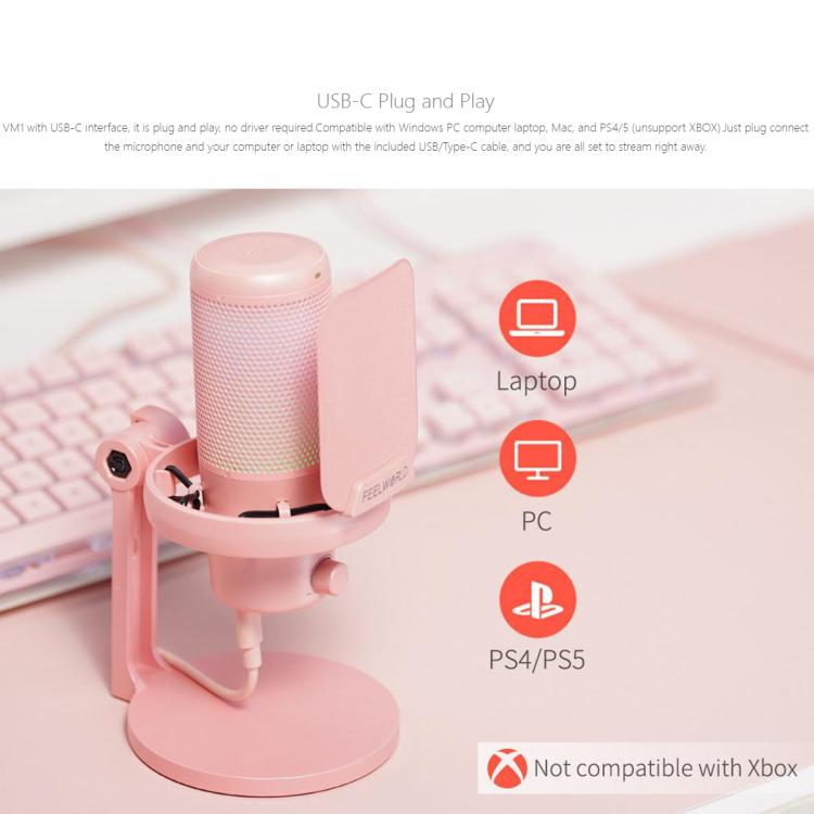 FEELWORLD VM1 USB Condenser Gaming Microphone for Streaming Noise Cancellation Mute RGB Light Desktop Stand (Pink)
