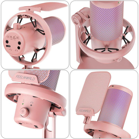 FEELWORLD VM1 USB Condenser Gaming Microphone for Streaming Noise Cancellation Mute RGB Light Desktop Stand (Pink)