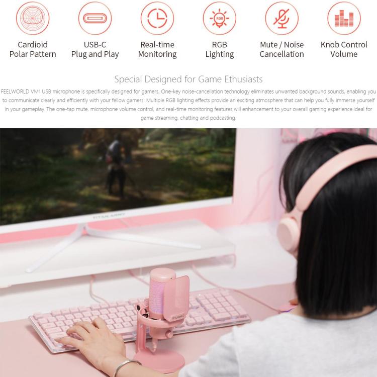 FEELWORLD VM1 USB Condenser Gaming Microphone for Streaming Noise Cancellation Mute RGB Light Desktop Stand (Pink)