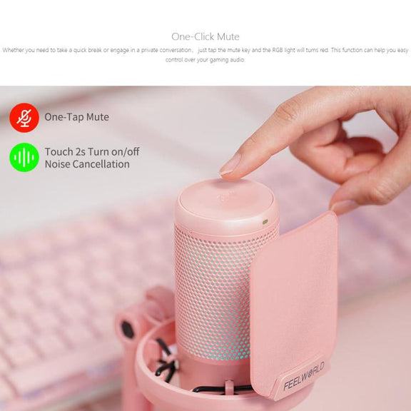 FEELWORLD VM1 USB Condenser Gaming Microphone for Streaming Noise Cancellation Mute RGB Light Desktop Stand (Pink)